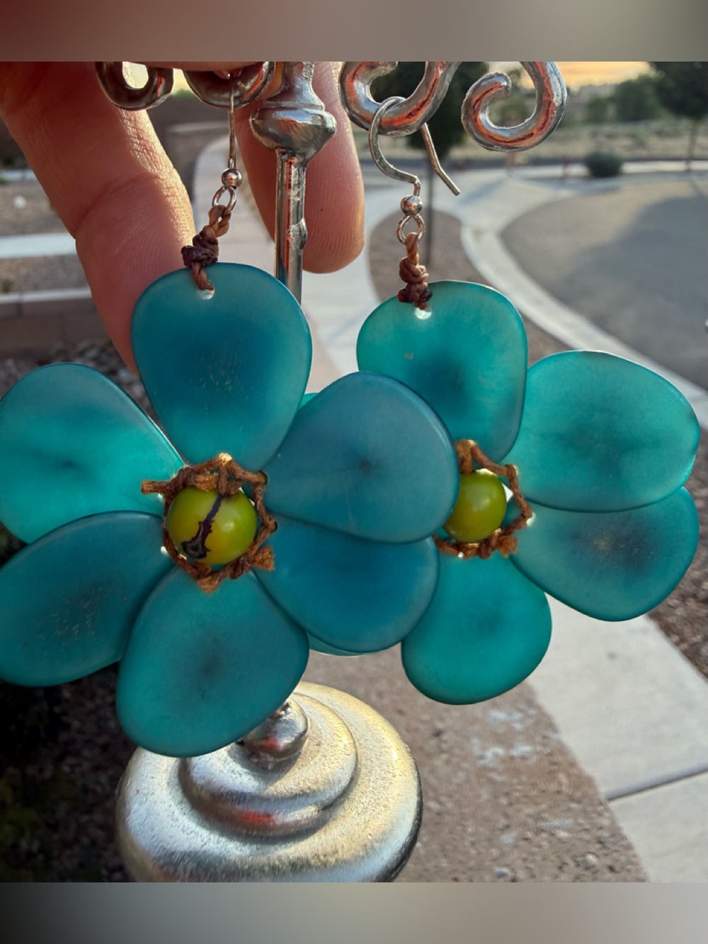 XXL Turquoise Tagua Flower Earrings Boho Statement Handmade Silver Hooks